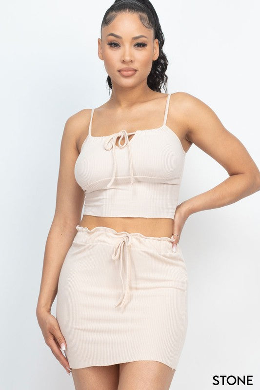 Ribbed Adjustable Front Crop Top & MiniSkirt Set