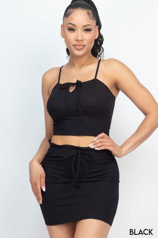 Ribbed Adjustable Front Crop Top & MiniSkirt Set