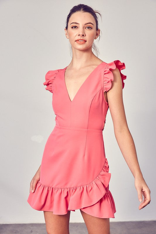 V NECK RUFFLE DRESS