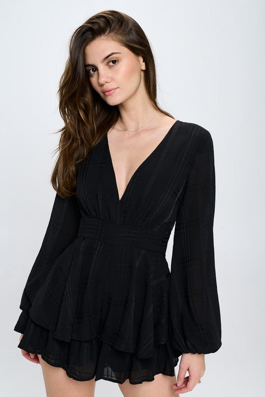 SURPLICE FRONT LONG SLEEVED TIERED MINI ROMPER  T0374D04