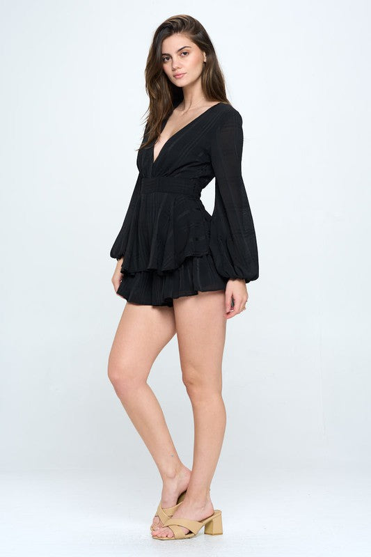 SURPLICE FRONT LONG SLEEVED TIERED MINI ROMPER  T0374D04