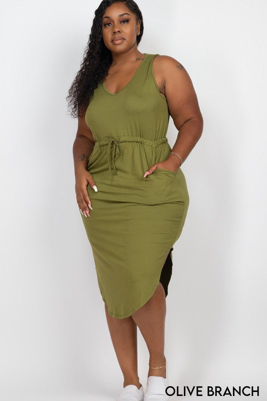 PLUS SIZE DRAWSTRING SLEEVELESS MIDI DRESS