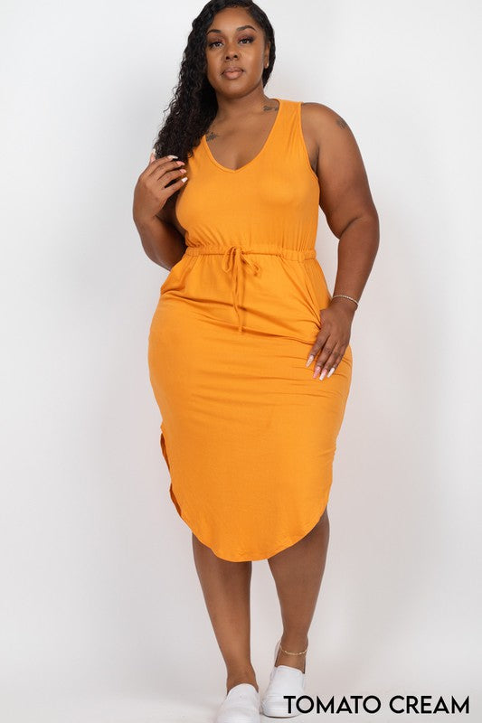 PLUS SIZE DRAWSTRING SLEEVELESS MIDI DRESS