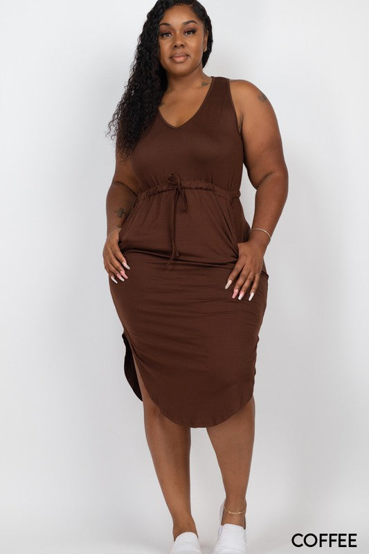 PLUS SIZE DRAWSTRING SLEEVELESS MIDI DRESS