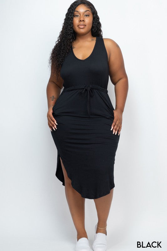 PLUS SIZE DRAWSTRING SLEEVELESS MIDI DRESS