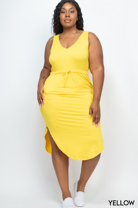 PLUS SIZE DRAWSTRING SLEEVELESS MIDI DRESS