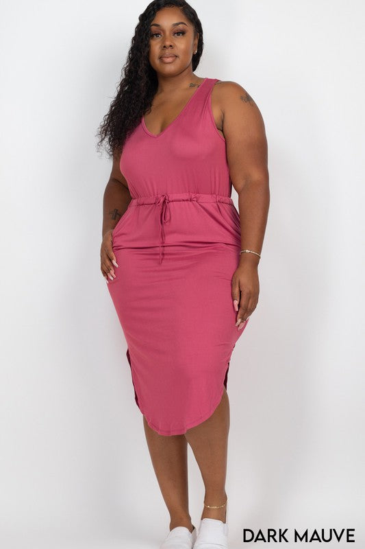 PLUS SIZE DRAWSTRING SLEEVELESS MIDI DRESS