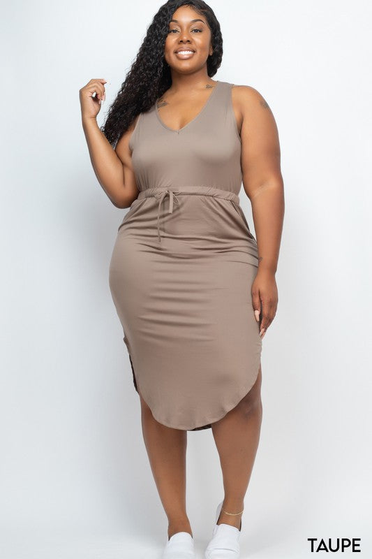 PLUS SIZE DRAWSTRING SLEEVELESS MIDI DRESS