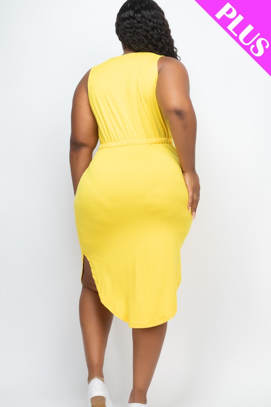 PLUS SIZE DRAWSTRING SLEEVELESS MIDI DRESS