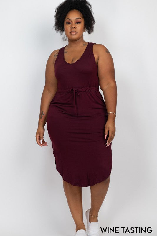 PLUS SIZE DRAWSTRING SLEEVELESS MIDI DRESS