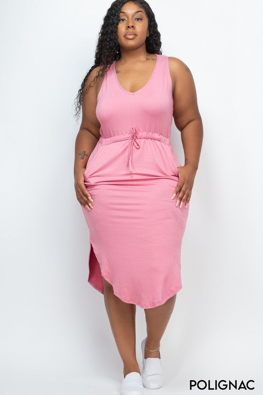 PLUS SIZE DRAWSTRING SLEEVELESS MIDI DRESS