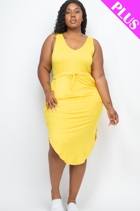 PLUS SIZE DRAWSTRING SLEEVELESS MIDI DRESS