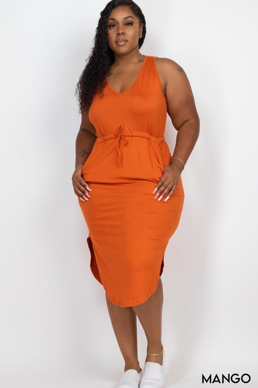 PLUS SIZE DRAWSTRING SLEEVELESS MIDI DRESS