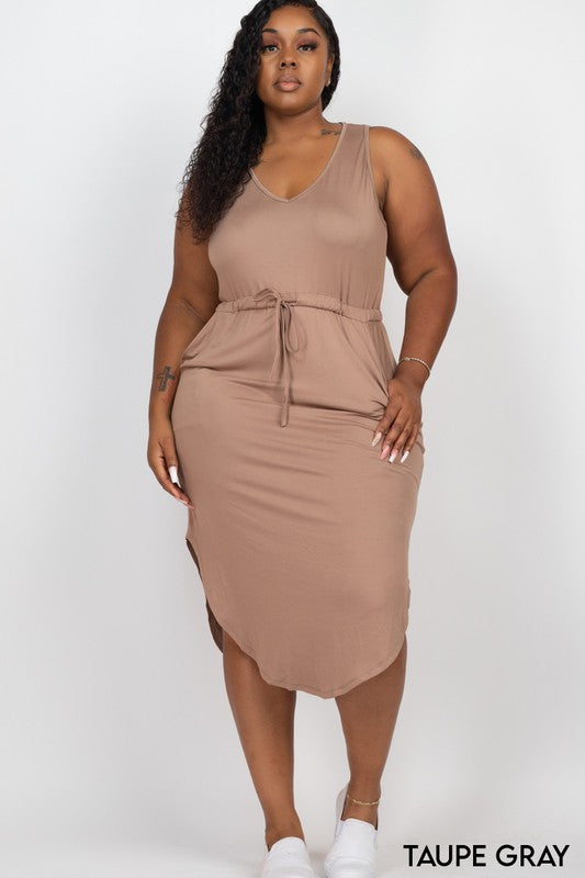 PLUS SIZE DRAWSTRING SLEEVELESS MIDI DRESS