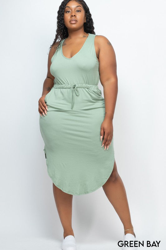 PLUS SIZE DRAWSTRING SLEEVELESS MIDI DRESS