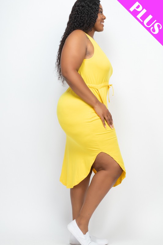 PLUS SIZE DRAWSTRING SLEEVELESS MIDI DRESS