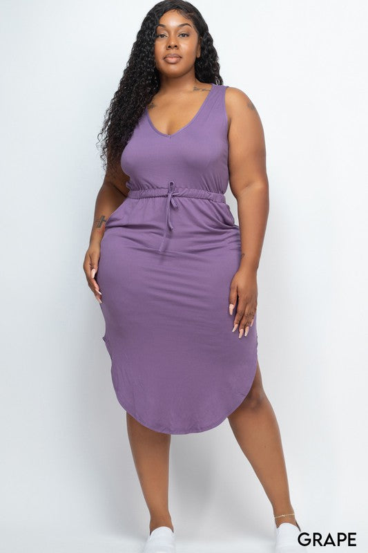 PLUS SIZE DRAWSTRING SLEEVELESS MIDI DRESS