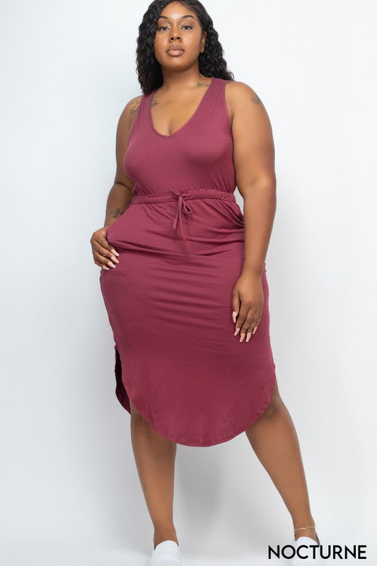 PLUS SIZE DRAWSTRING SLEEVELESS MIDI DRESS