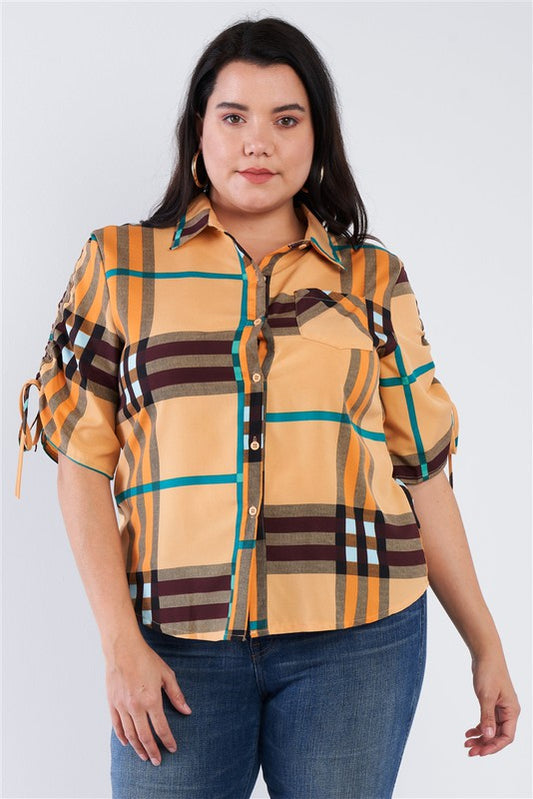 Plaid Multi Stripe Button Down Top