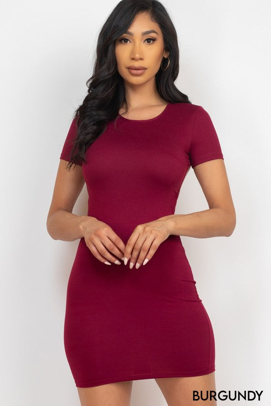 Round Neck Open Back Mini Bodycon Dress