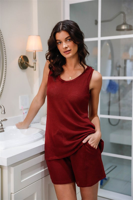 Burgundy Sleeveless Knit Tank Top & Shorts Set - Touch Me Textures