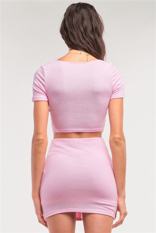 Ribbed Crop & Mock Wrap Mini Skirt Set