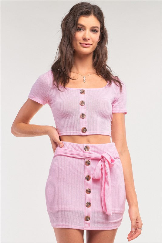 Ribbed Crop & Mock Wrap Mini Skirt Set