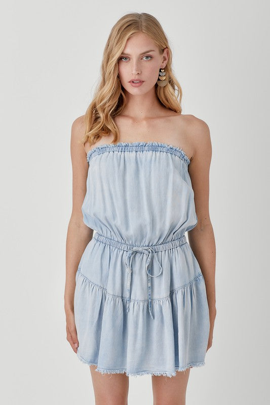 RAW EDGE DETAIL DENIM TUBE MINI DRESS