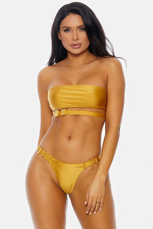 Bandeau Gold Metal Hardware 2 Piece Swimsuit - Touch Me Textures