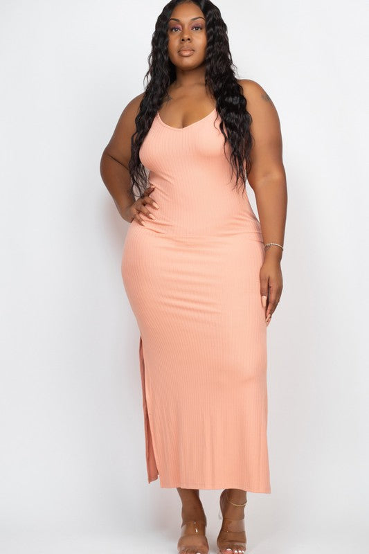 PLUS SIZE Ribbed Side Slit Long Cami Dress