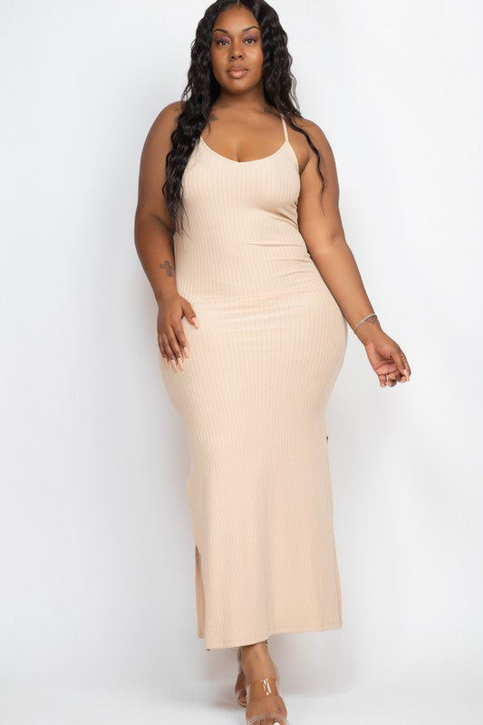 PLUS SIZE Ribbed Side Slit Long Cami Dress