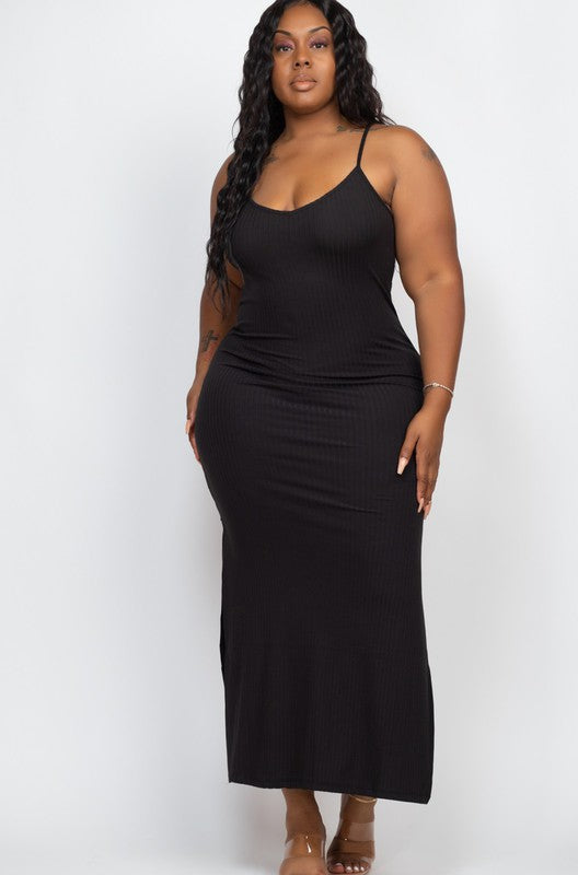 PLUS SIZE Ribbed Side Slit Long Cami Dress