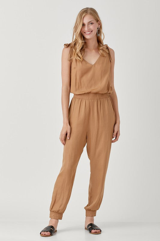 V NECK SMOCKED WAIST JOGGER JUMPSUIT - Touch Me Textures