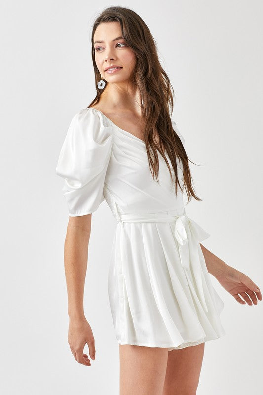 PLEATED PUFF SLEEVE OVERWRAP ROMPER