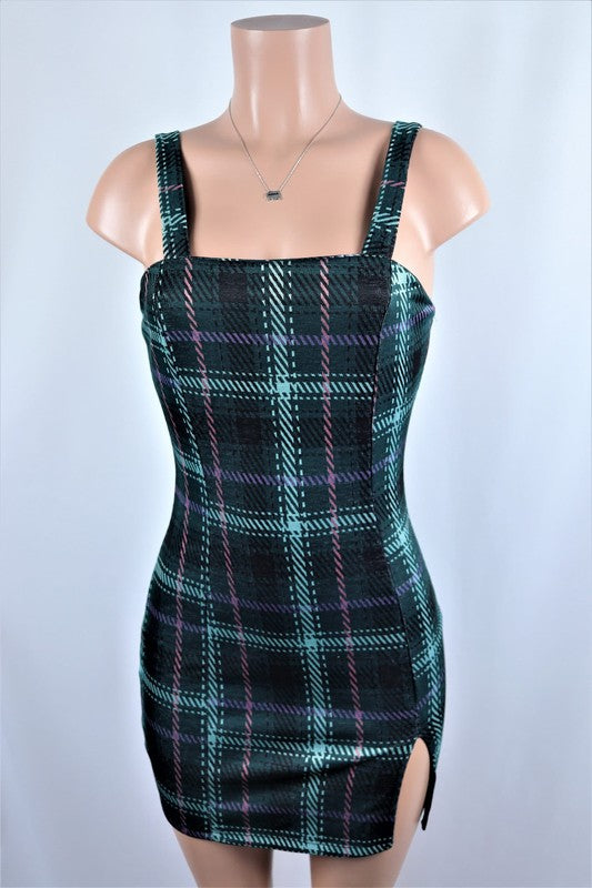 Plaid mini dress with slit