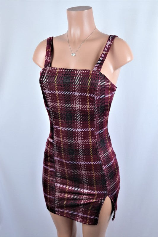 Plaid mini dress with slit