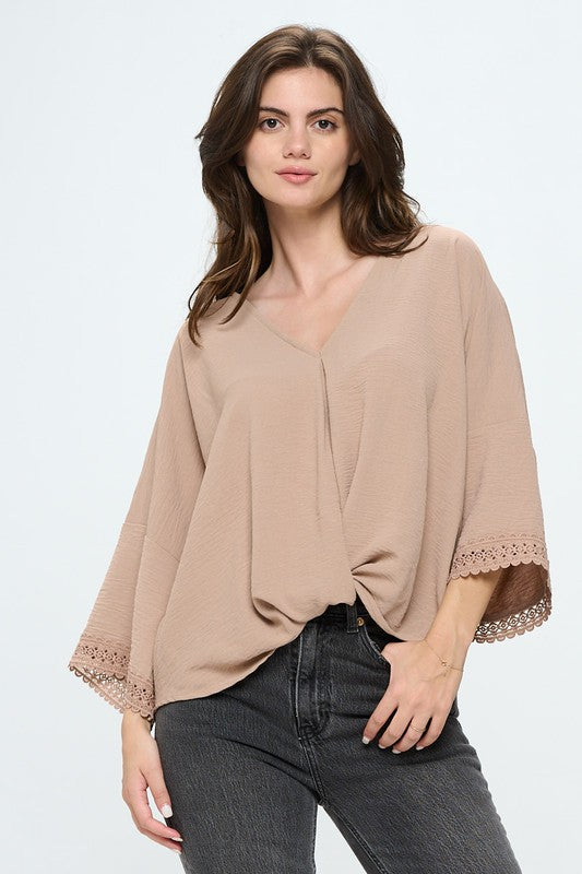 v neck lace insert dolman sleeved knot front top