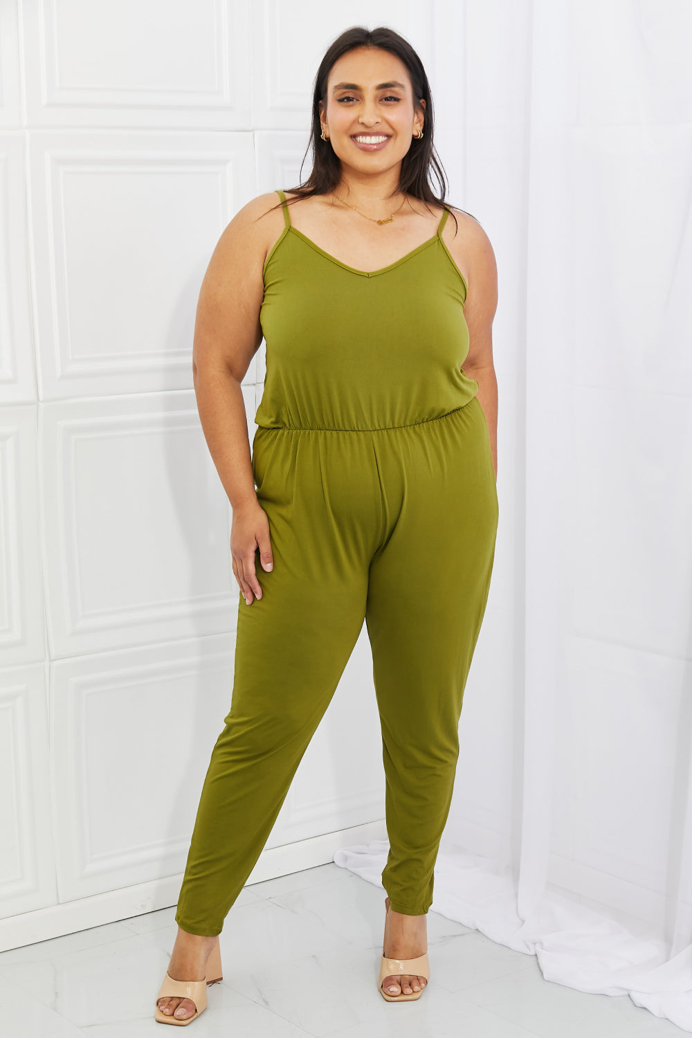 Capella Comfy Casual Full Size Solid Elastic Waistband Jumpsuit in Chartreuse - Touch Me Textures