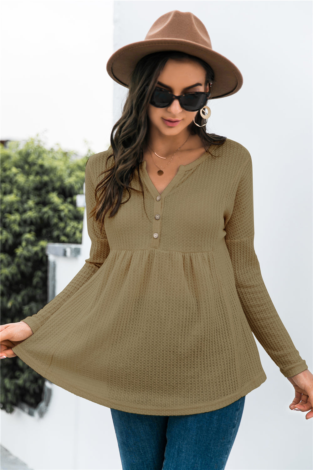 Button Front Waffle Knit Babydoll Top - Touch Me Textures