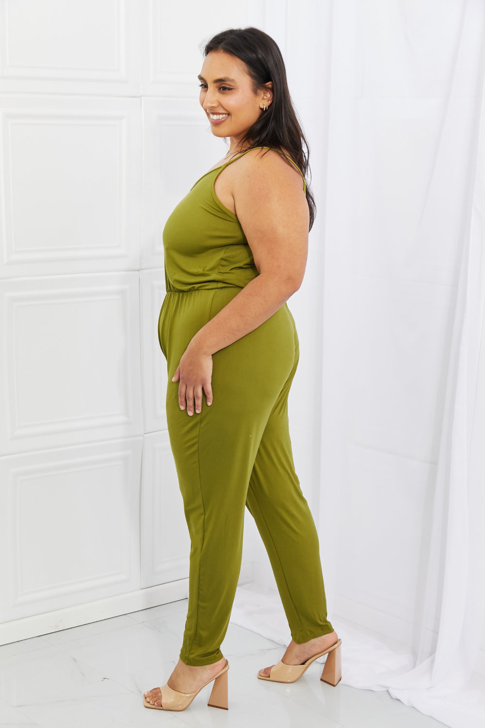 Capella Comfy Casual Full Size Solid Elastic Waistband Jumpsuit in Chartreuse - Touch Me Textures