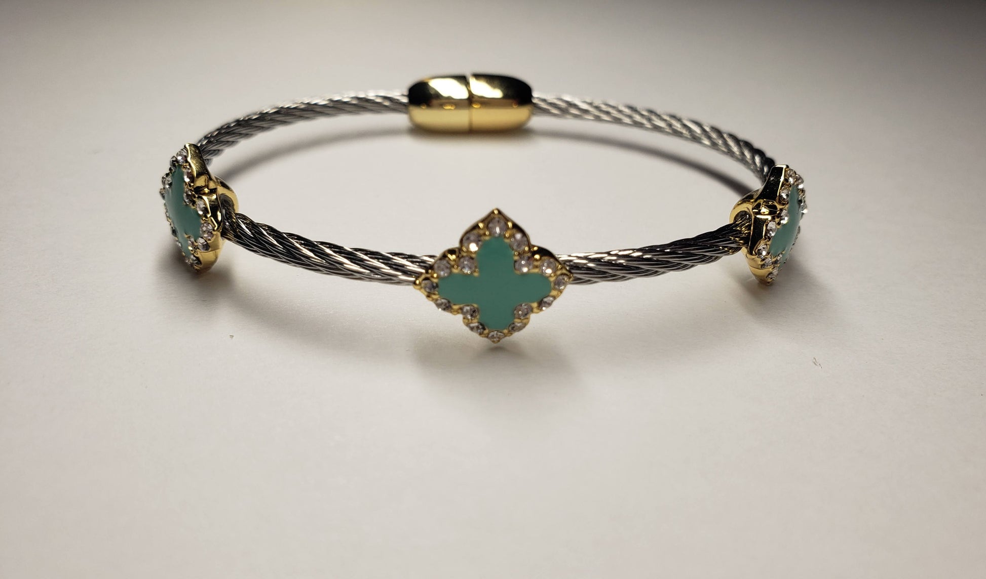 Two Tone Cubic Zirconia Magnetic Clover Bracelet - Touch Me Textures