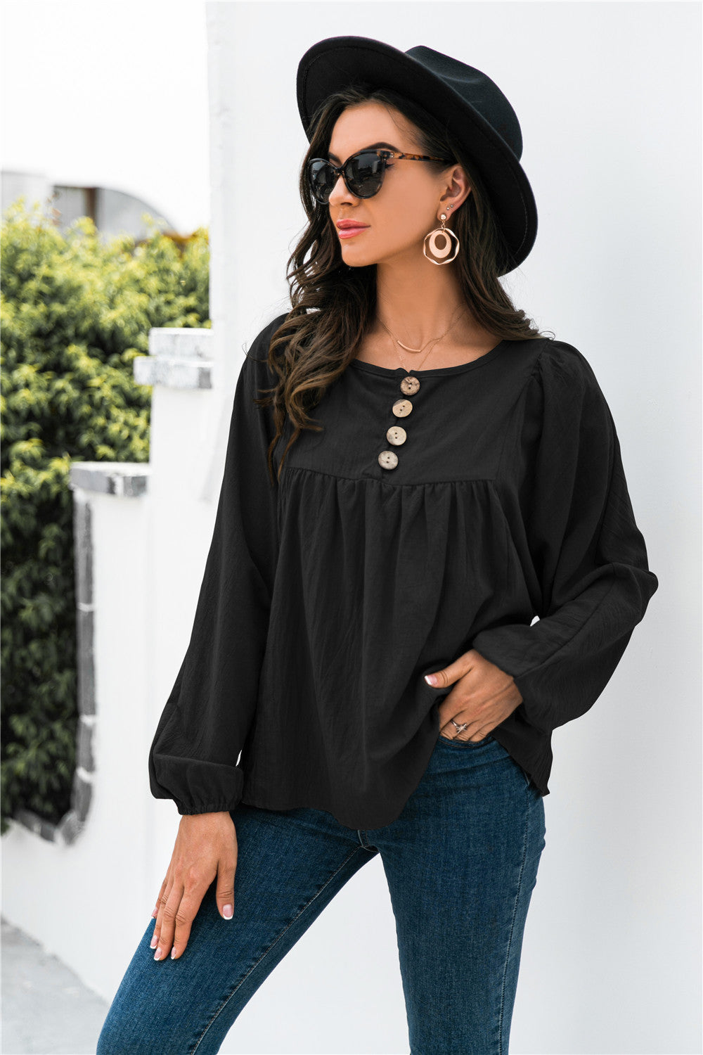 Button Up Balloon Sleeve Blouse - Touch Me Textures