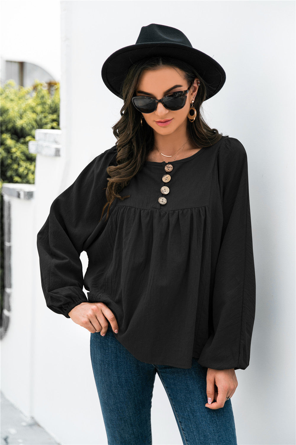 Button Up Balloon Sleeve Blouse - Touch Me Textures