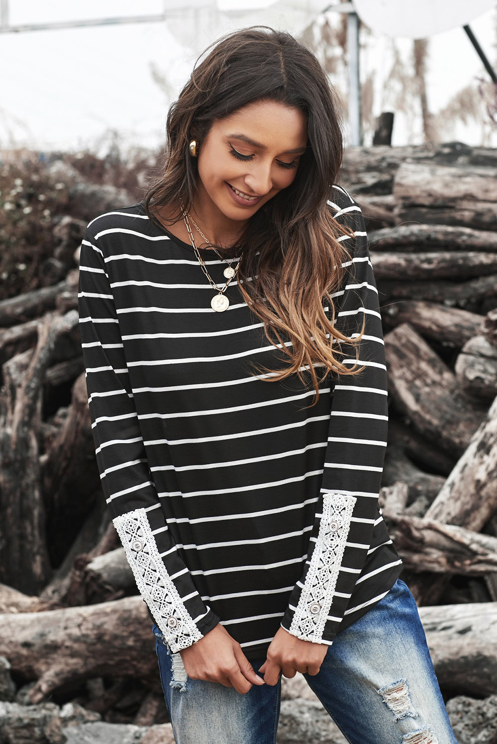 Striped Lace Button Detail Top - Touch Me Textures