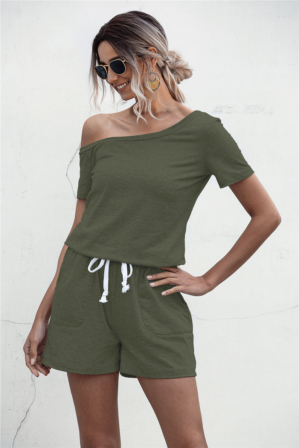 One Shoulder Tie Waist Romper - Touch Me Textures