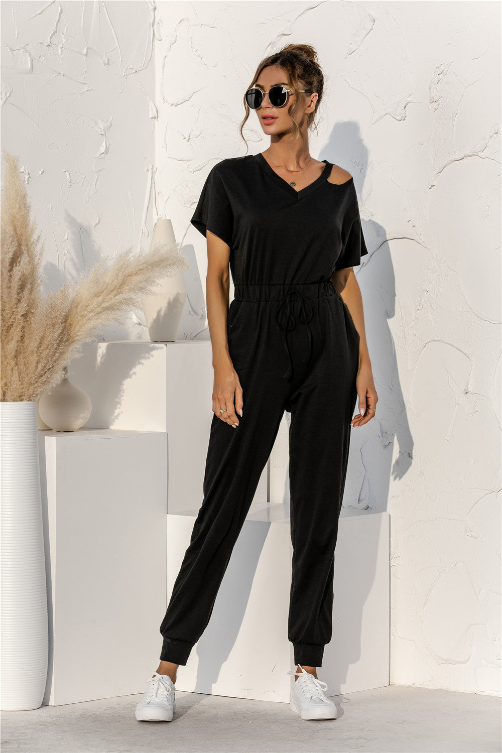 Cut Out V-neck Drawstring Jumpsuit - Touch Me Textures