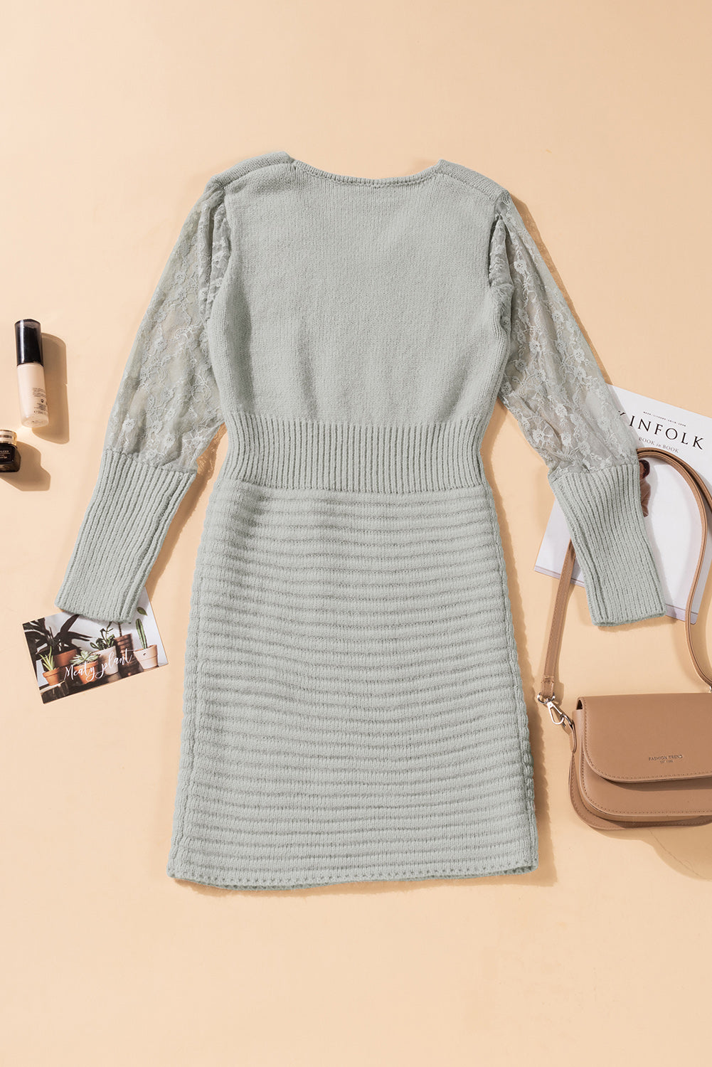 Lace Sleeve V-Neck Knit Dress - Touch Me Textures