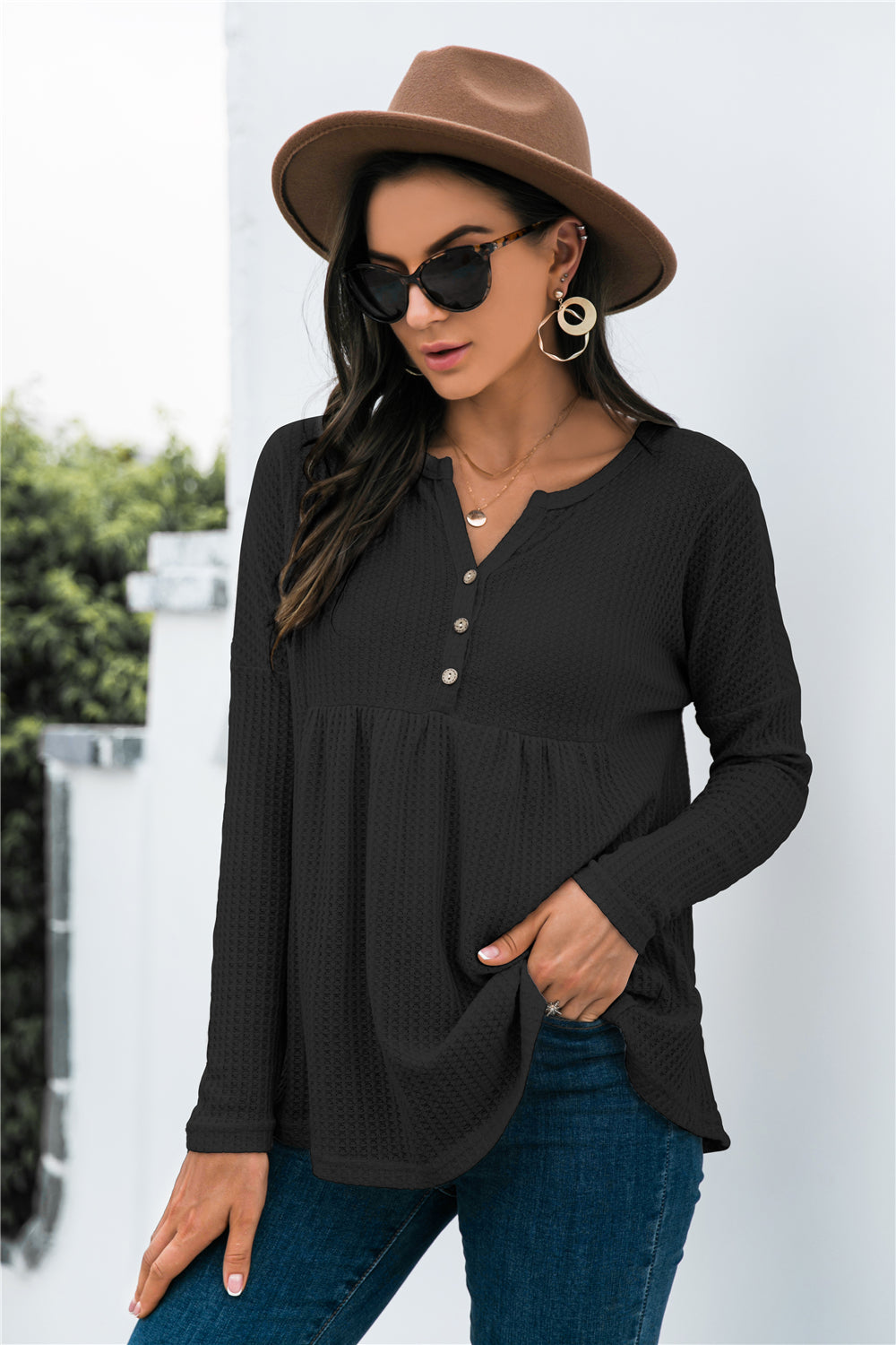 Button Front Waffle Knit Babydoll Top - Touch Me Textures