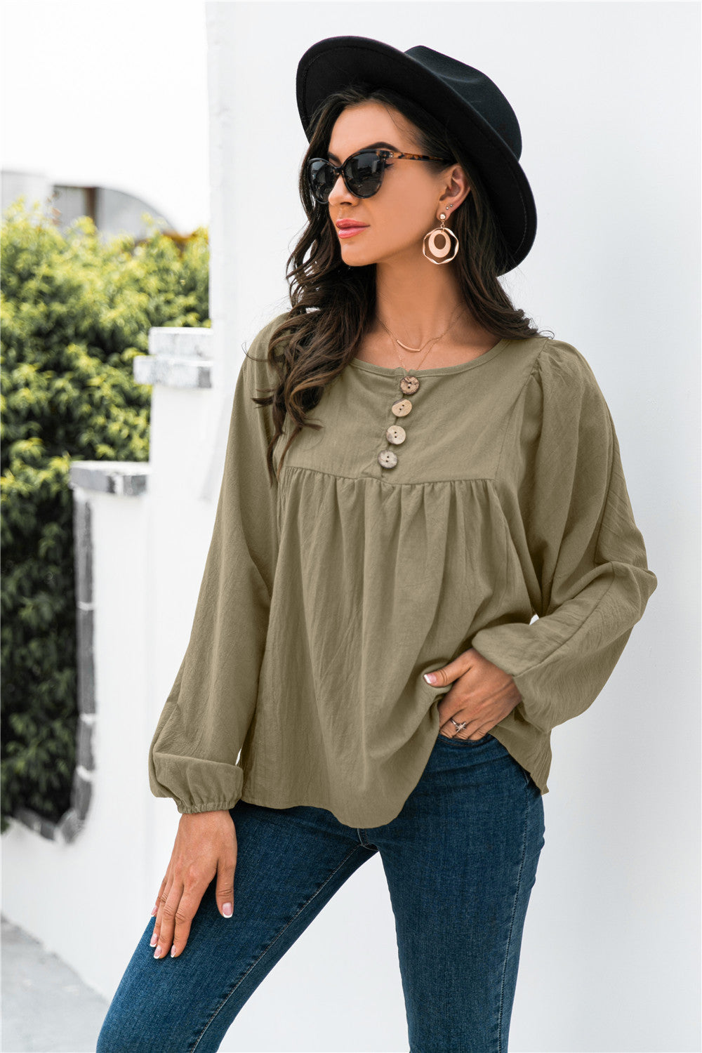 Button Up Balloon Sleeve Blouse - Touch Me Textures