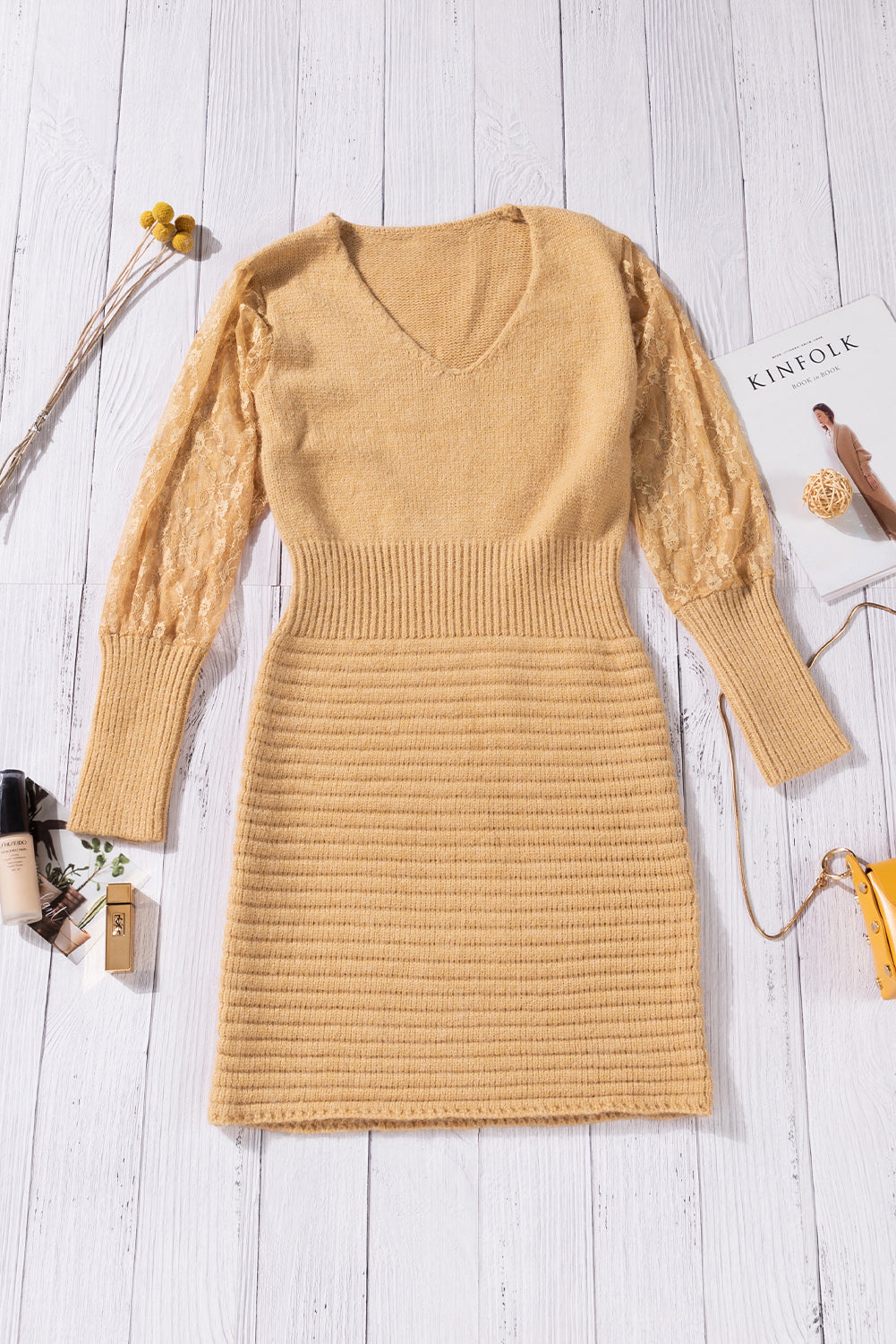 Lace Sleeve V-Neck Knit Dress - Touch Me Textures